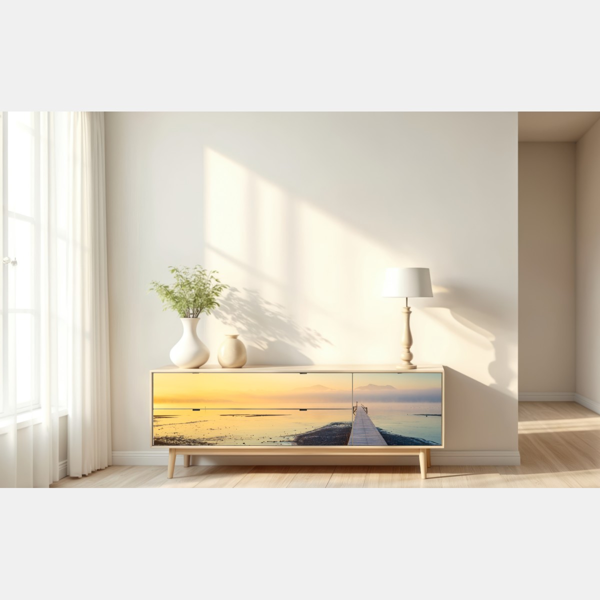 Repositionierbarer Aufkleber nebliger sonnenaufgang über holzsteg – Wallnifity® Repositionierbarer Aufkleber nebliger sonnenaufgang über holzsteg – Wallnifity®