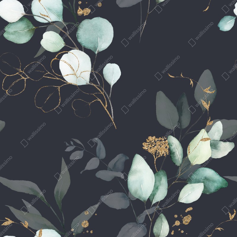 Repositionierbarer Aufkleber eukalyptus aquarellblätter auf dunklem hintergrund – Wallnifity® Repositionierbarer Aufkleber eukalyptus aquarellblätter auf dunklem hintergrund – Wallnifity®