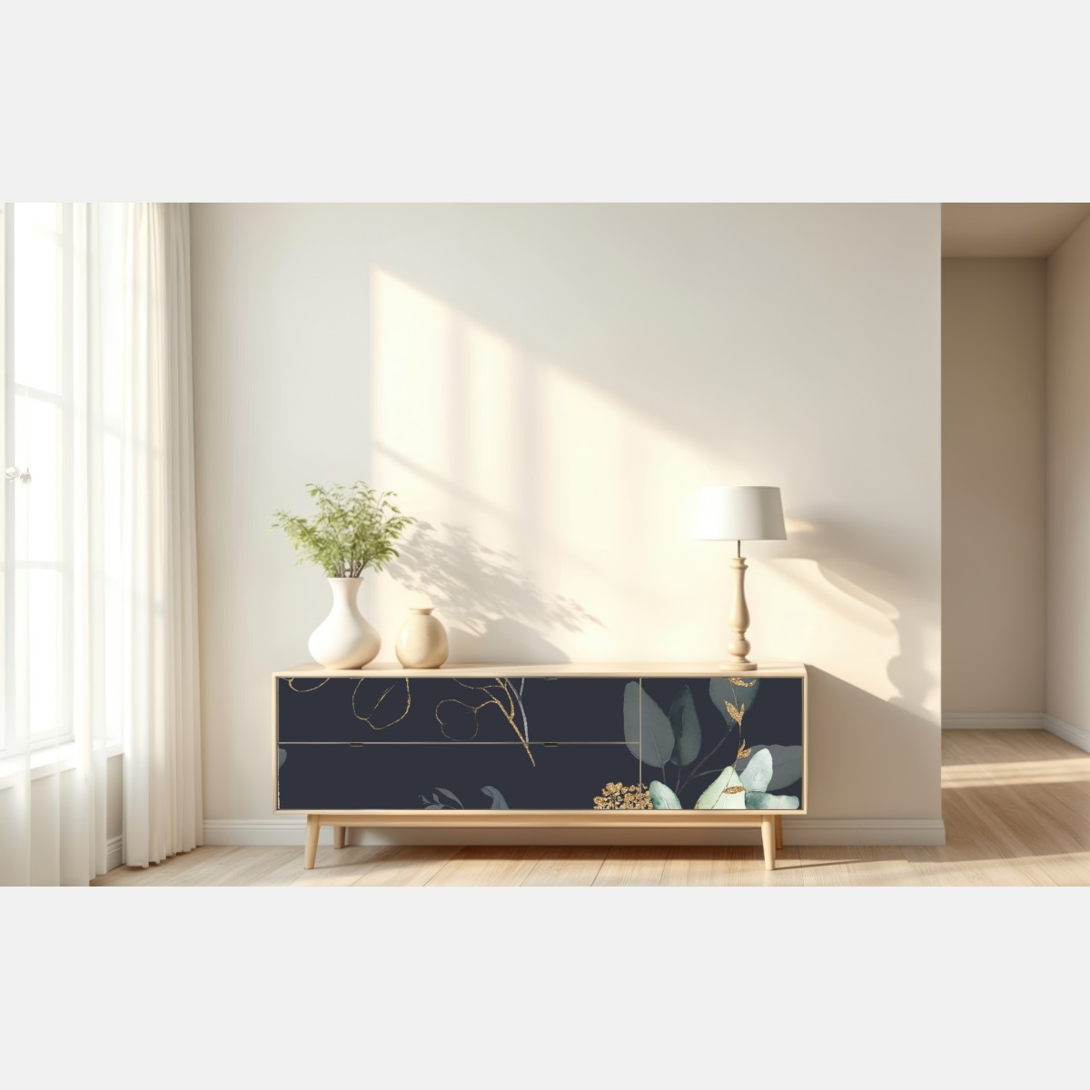 Repositionierbarer Aufkleber eukalyptus aquarellblätter auf dunklem hintergrund – Wallnifity® Repositionierbarer Aufkleber eukalyptus aquarellblätter auf dunklem hintergrund – Wallnifity®