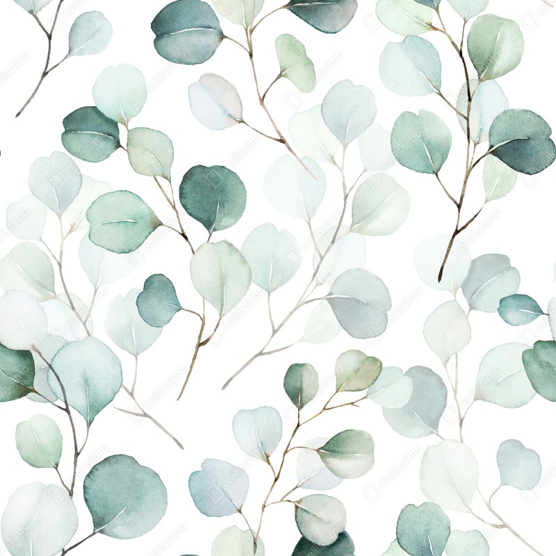 Repositionierbarer Aufkleber zarter eukalyptus-aquarell blättermuster – Wallnifity® Repositionierbarer Aufkleber zarter eukalyptus-aquarell blättermuster – Wallnifity®