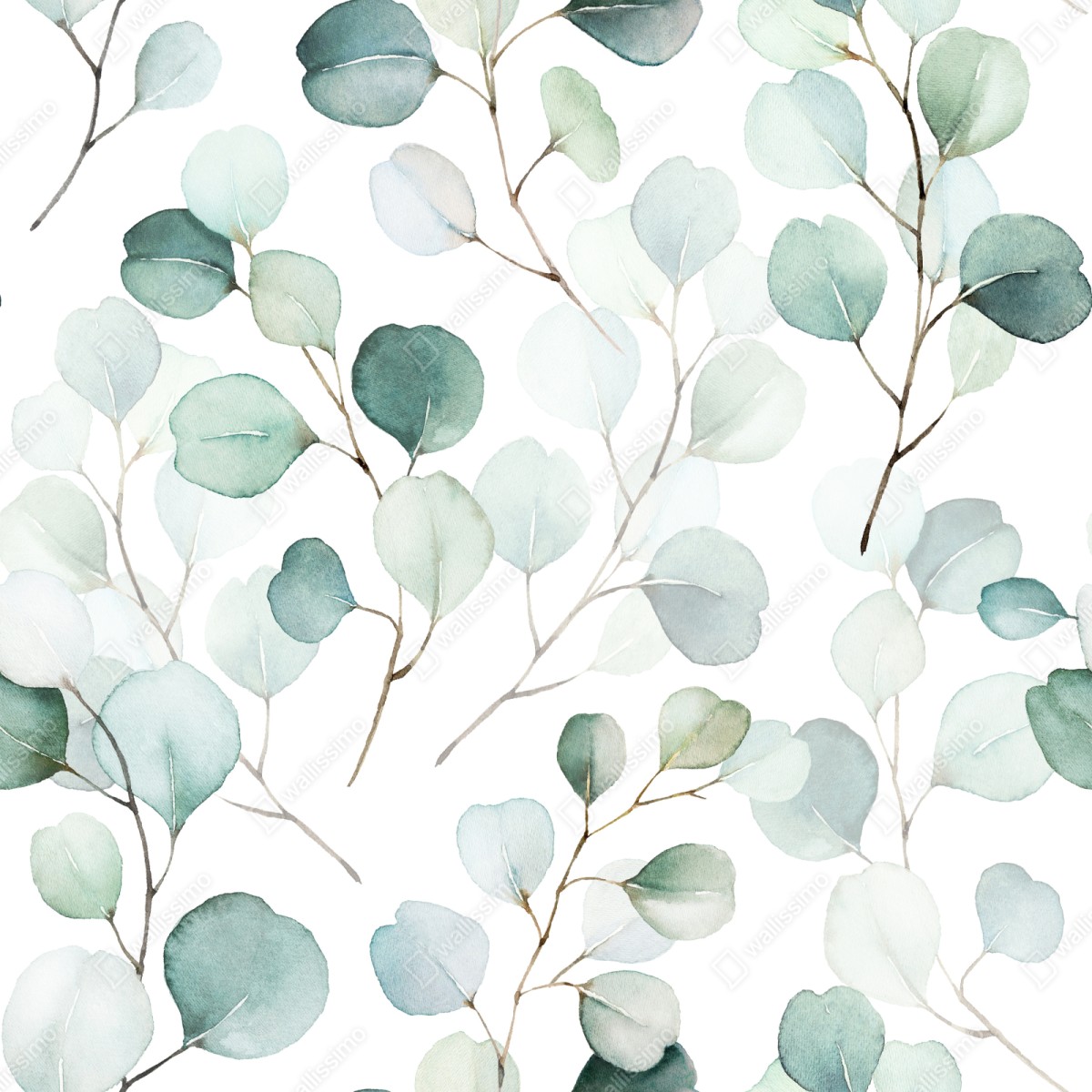 Repositionierbarer Aufkleber zarter eukalyptus-aquarell blättermuster – Wallnifity® Repositionierbarer Aufkleber zarter eukalyptus-aquarell blättermuster – Wallnifity®