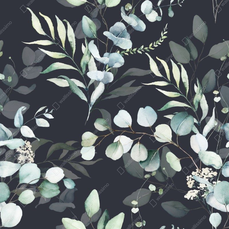 Repositionierbarer Aufkleber eukalyptus aquarell botanisches muster auf dunklem hintergrund – Wallnifity® Repositionierbarer Aufkleber eukalyptus aquarell botanisches muster auf dunklem hintergrund – Wallnifity®