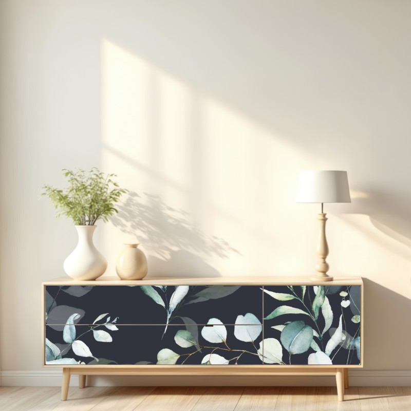 Repositionierbarer Aufkleber eukalyptus aquarell botanisches muster auf dunklem hintergrund – Wallnifity® Repositionierbarer Aufkleber eukalyptus aquarell botanisches muster auf dunklem hintergrund – Wallnifity®