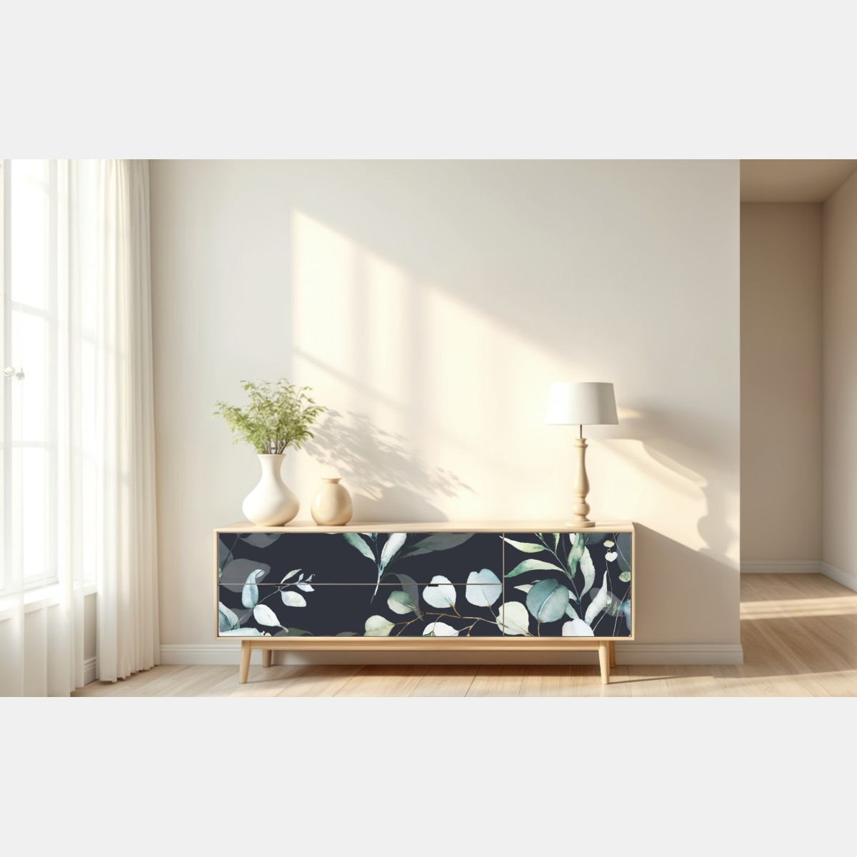 Repositionierbarer Aufkleber eukalyptus aquarell botanisches muster auf dunklem hintergrund – Wallnifity® Repositionierbarer Aufkleber eukalyptus aquarell botanisches muster auf dunklem hintergrund – Wallnifity®