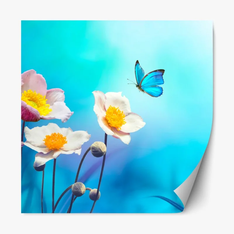Repositionierbarer Aufkleber zarte rosa anemonen und blauer schmetterling