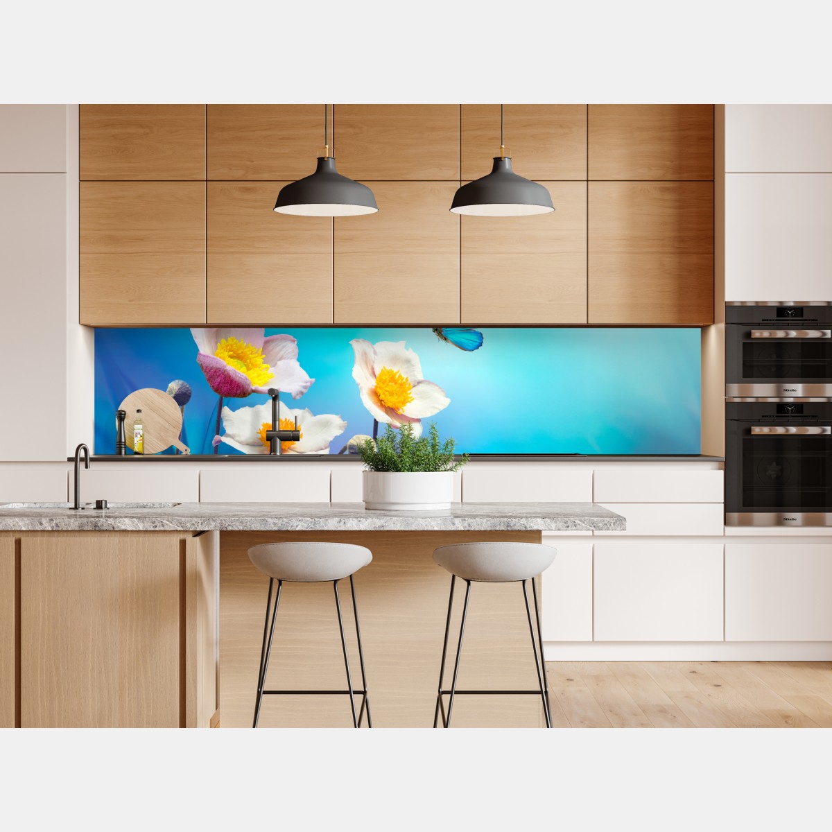 Repositionierbarer Aufkleber zarte rosa anemonen und blauer schmetterling – Wallnifity® Repositionierbarer Aufkleber zarte rosa anemonen und blauer schmetterling – Wallnifity®