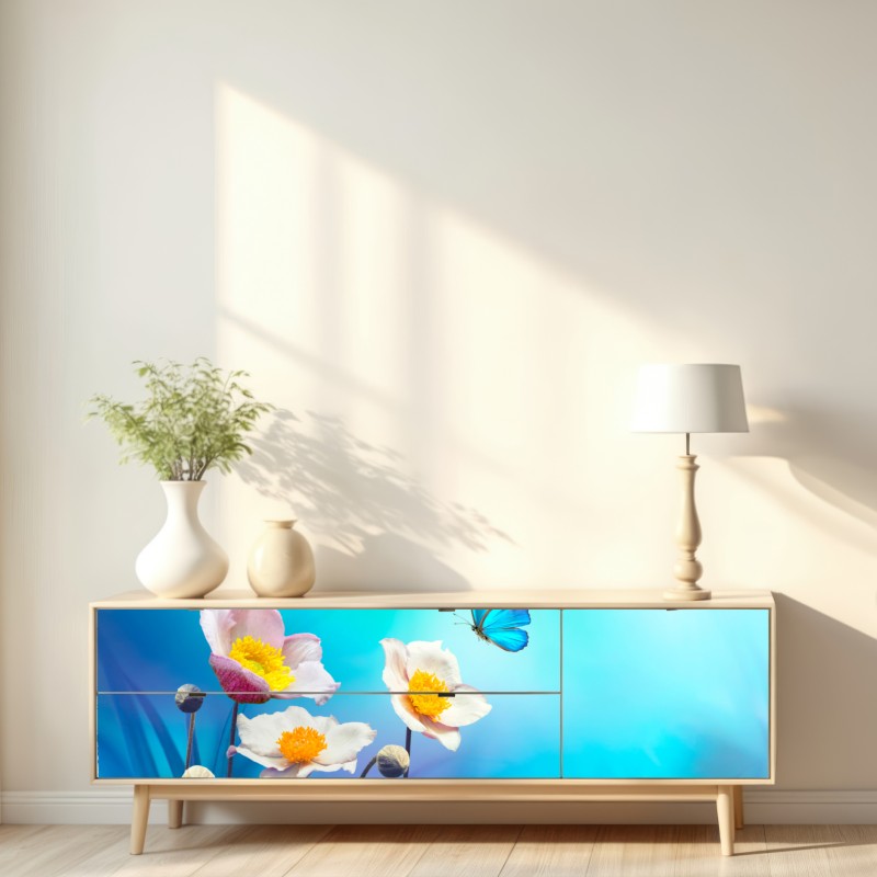 Repositionierbarer Aufkleber zarte rosa anemonen und blauer schmetterling – Wallnifity® Repositionierbarer Aufkleber zarte rosa anemonen und blauer schmetterling – Wallnifity®