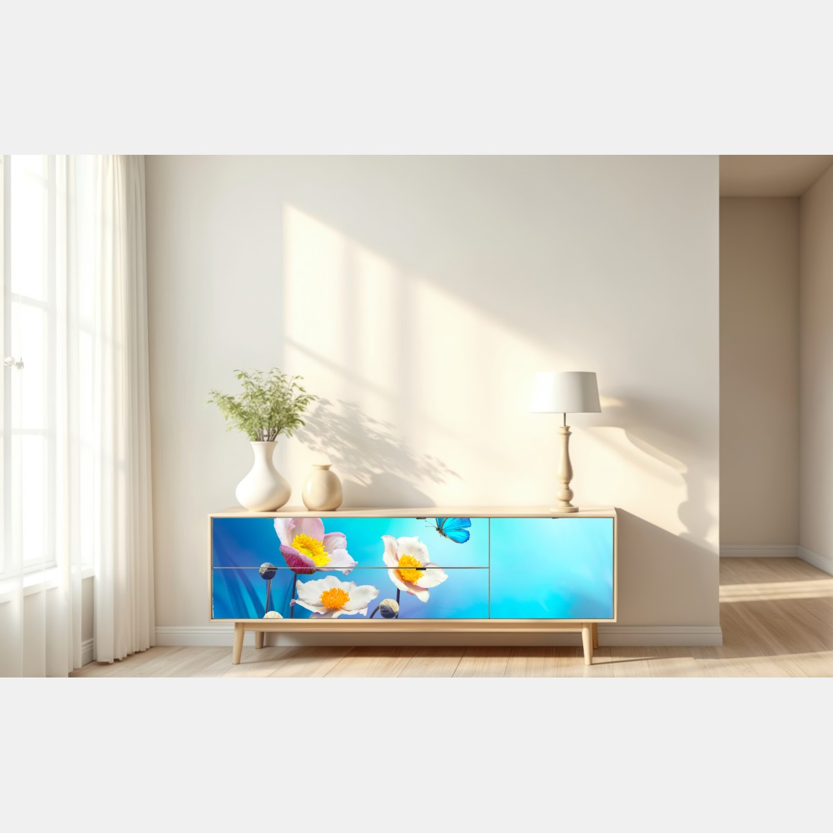 Repositionierbarer Aufkleber zarte rosa anemonen und blauer schmetterling – Wallnifity® Repositionierbarer Aufkleber zarte rosa anemonen und blauer schmetterling – Wallnifity®