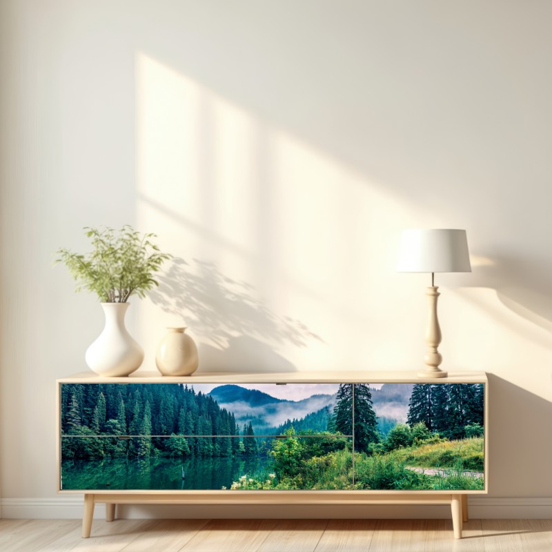 Repositionierbarer Aufkleber nebliger sonnenaufgang über Lacu Rosu – Wallnifity® Repositionierbarer Aufkleber nebliger sonnenaufgang über Lacu Rosu – Wallnifity®