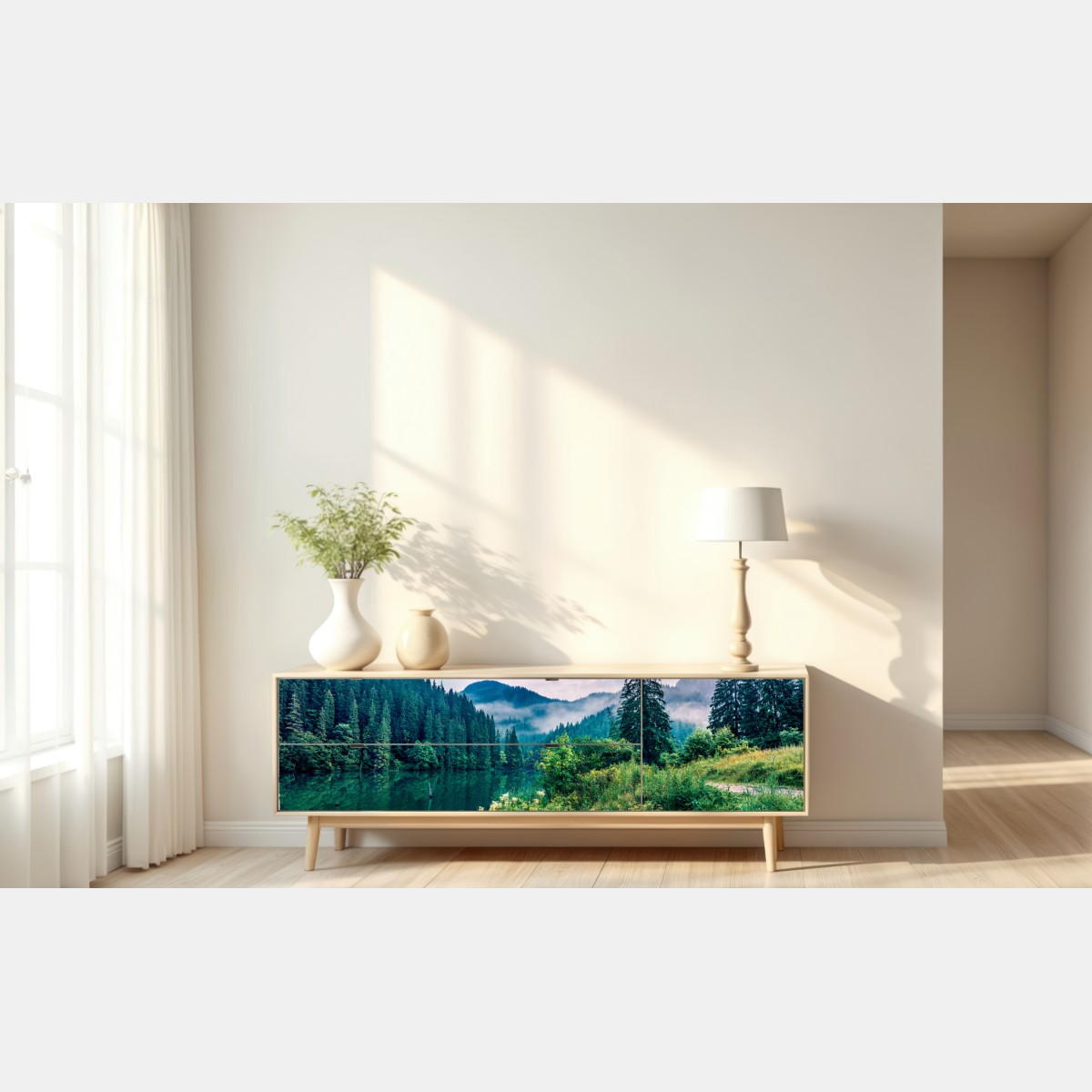 Repositionierbarer Aufkleber nebliger sonnenaufgang über Lacu Rosu – Wallnifity® Repositionierbarer Aufkleber nebliger sonnenaufgang über Lacu Rosu – Wallnifity®