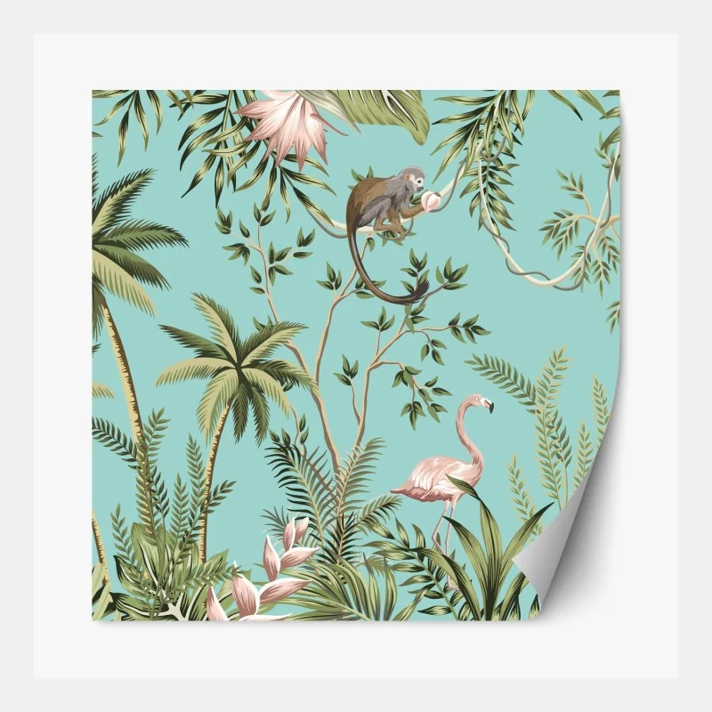 Repositionierbarer Aufkleber tropische dschungelszene mit elefant und flamingo – Wallnifity® Repositionierbarer Aufkleber tropische dschungelszene mit elefant und flamingo – Wallnifity®