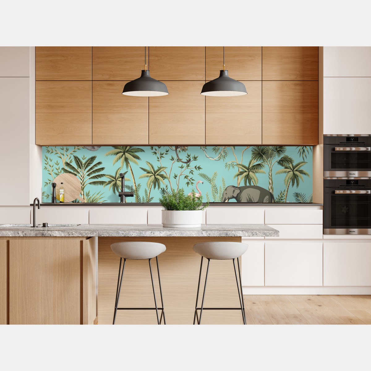 Repositionierbarer Aufkleber tropische dschungelszene mit elefant und flamingo – Wallnifity® Repositionierbarer Aufkleber tropische dschungelszene mit elefant und flamingo – Wallnifity®