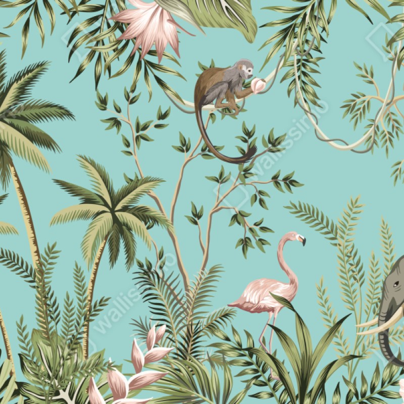 Repositionierbarer Aufkleber tropische dschungelszene mit elefant und flamingo – Wallnifity® Repositionierbarer Aufkleber tropische dschungelszene mit elefant und flamingo – Wallnifity®