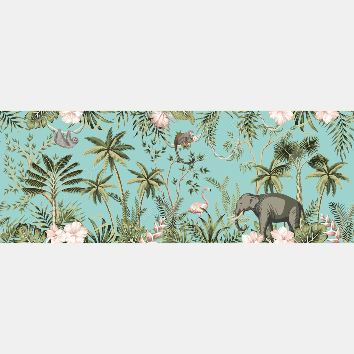 Repositionierbarer Aufkleber tropische dschungelszene mit elefant und flamingo – Wallnifity® Repositionierbarer Aufkleber tropische dschungelszene mit elefant und flamingo – Wallnifity®