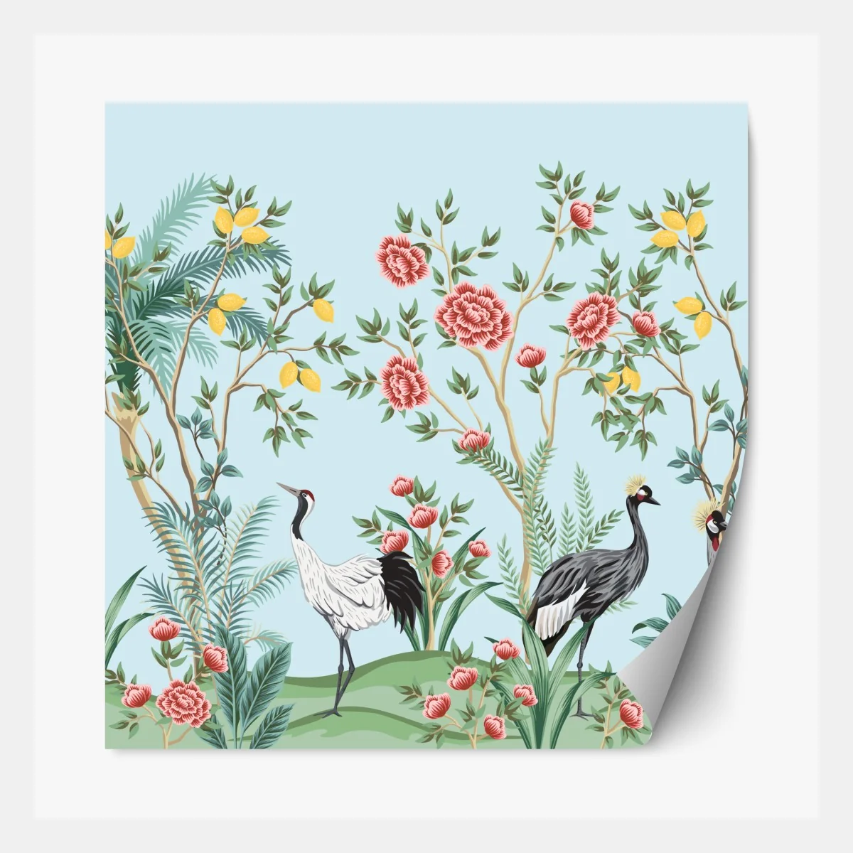 Repositionierbarer Aufkleber eleganter kranichgarten mit blüten – Wallnifity® Repositionierbarer Aufkleber eleganter kranichgarten mit blüten – Wallnifity®