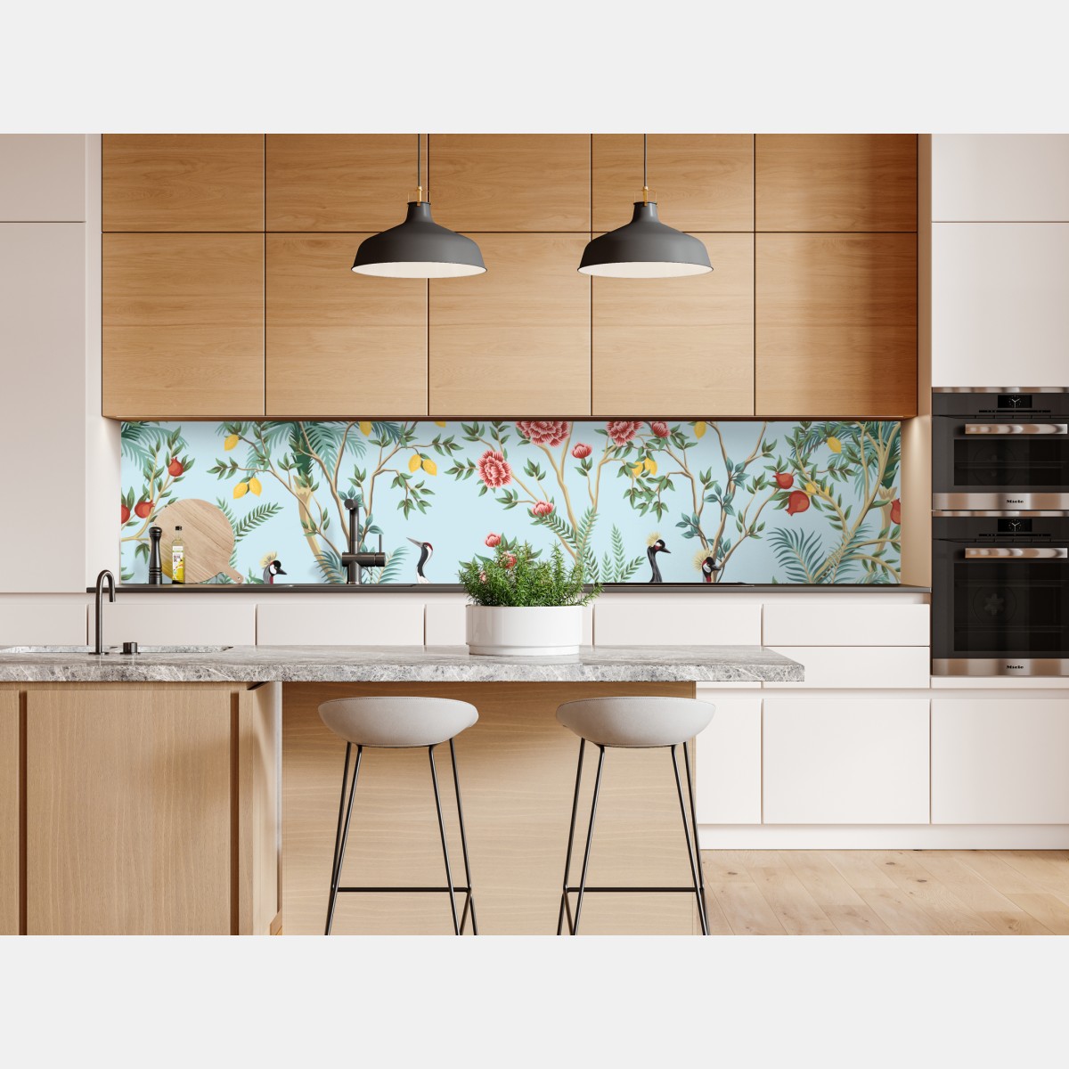 Repositionierbarer Aufkleber eleganter kranichgarten mit blüten – Wallnifity® Repositionierbarer Aufkleber eleganter kranichgarten mit blüten – Wallnifity®