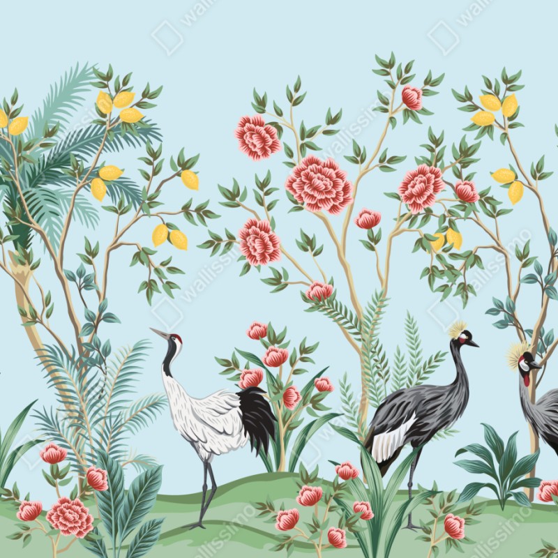 Repositionierbarer Aufkleber eleganter kranichgarten mit blüten – Wallnifity® Repositionierbarer Aufkleber eleganter kranichgarten mit blüten – Wallnifity®