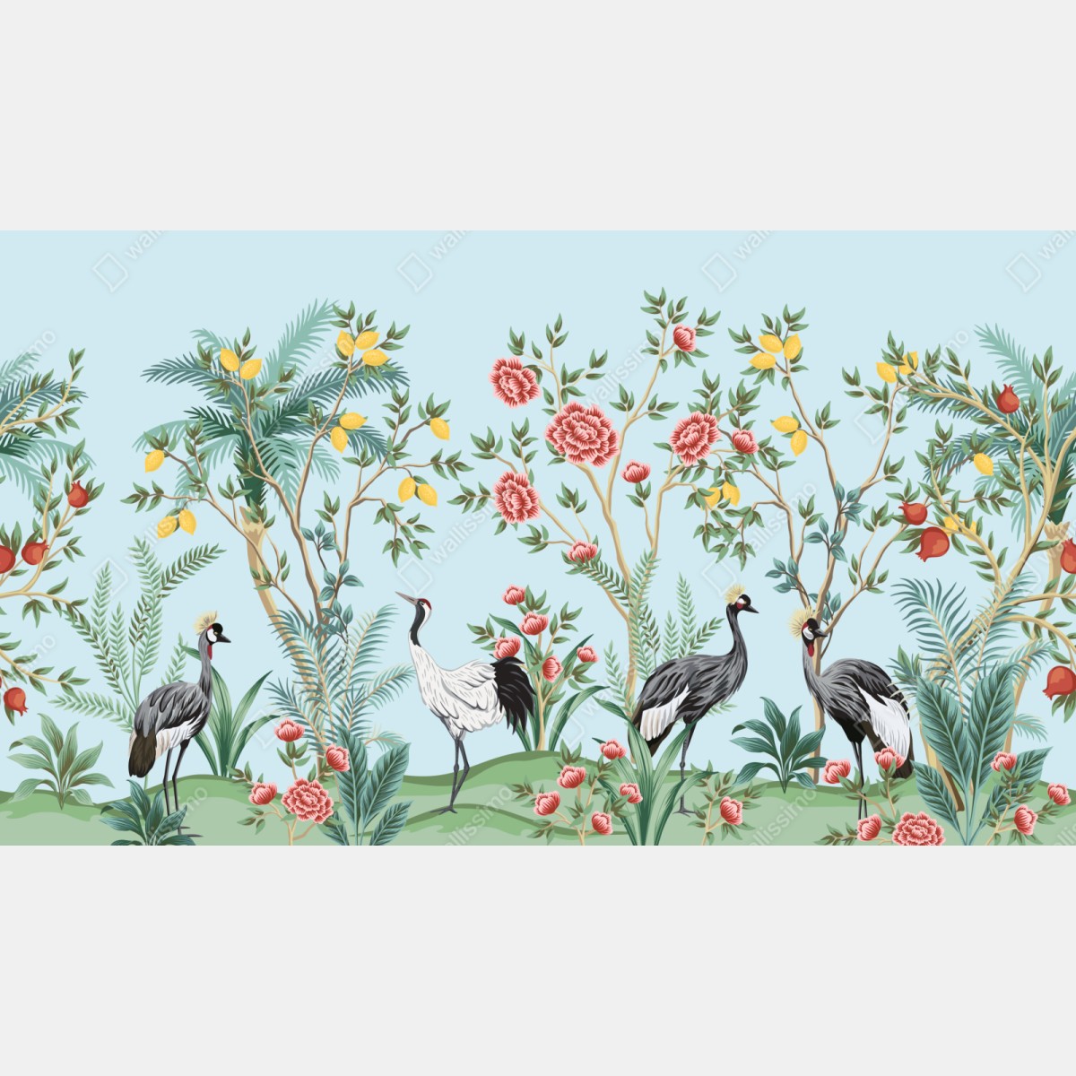 Repositionierbarer Aufkleber eleganter kranichgarten mit blüten – Wallnifity® Repositionierbarer Aufkleber eleganter kranichgarten mit blüten – Wallnifity®