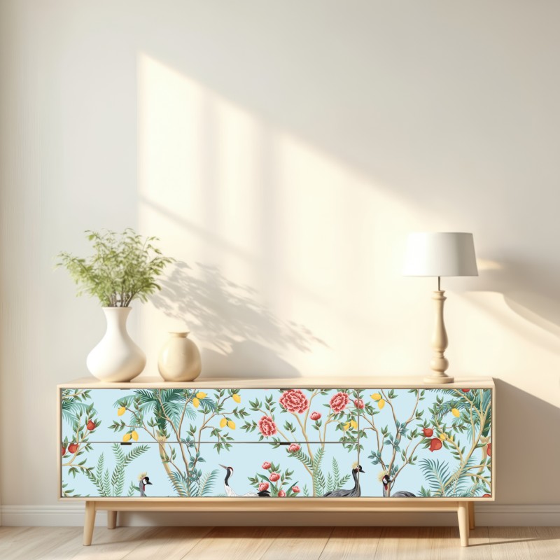 Repositionierbarer Aufkleber eleganter kranichgarten mit blüten – Wallnifity® Repositionierbarer Aufkleber eleganter kranichgarten mit blüten – Wallnifity®