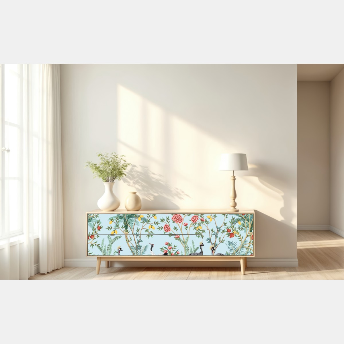 Repositionierbarer Aufkleber eleganter kranichgarten mit blüten – Wallnifity® Repositionierbarer Aufkleber eleganter kranichgarten mit blüten – Wallnifity®