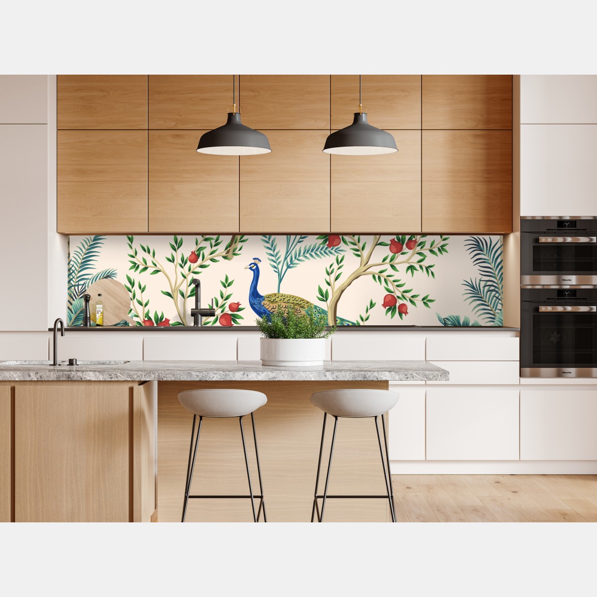 Repositionierbarer Aufkleber pfau zwischen granatästen – Wallnifity® Repositionierbarer Aufkleber pfau zwischen granatästen – Wallnifity®