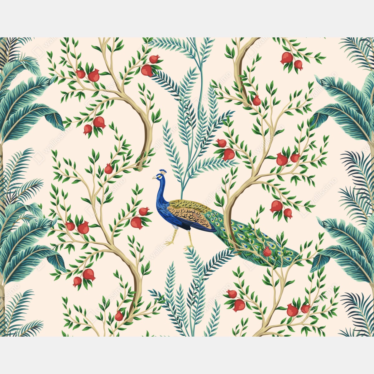 Repositionierbarer Aufkleber pfau zwischen granatästen – Wallnifity® Repositionierbarer Aufkleber pfau zwischen granatästen – Wallnifity®