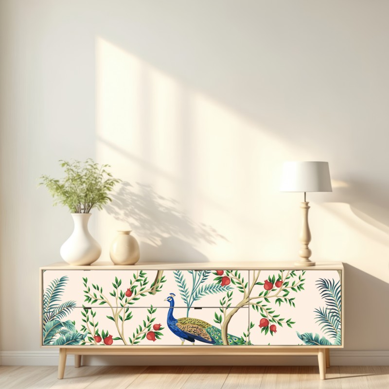 Repositionierbarer Aufkleber pfau zwischen granatästen – Wallnifity® Repositionierbarer Aufkleber pfau zwischen granatästen – Wallnifity®