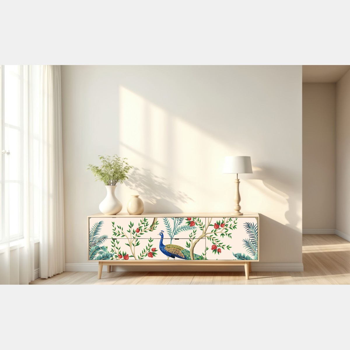 Repositionierbarer Aufkleber pfau zwischen granatästen – Wallnifity® Repositionierbarer Aufkleber pfau zwischen granatästen – Wallnifity®