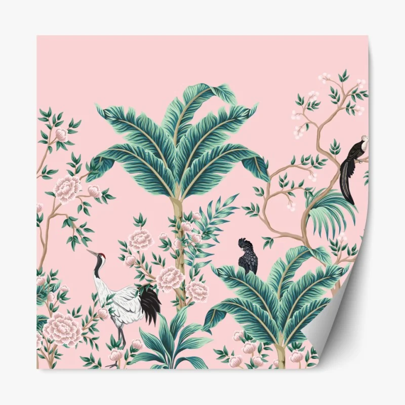 Repositionierbarer Aufkleber pastell tropisches botanisches muster mit kranichen – Wallnifity® Repositionierbarer Aufkleber pastell tropisches botanisches muster mit kranichen – Wallnifity®