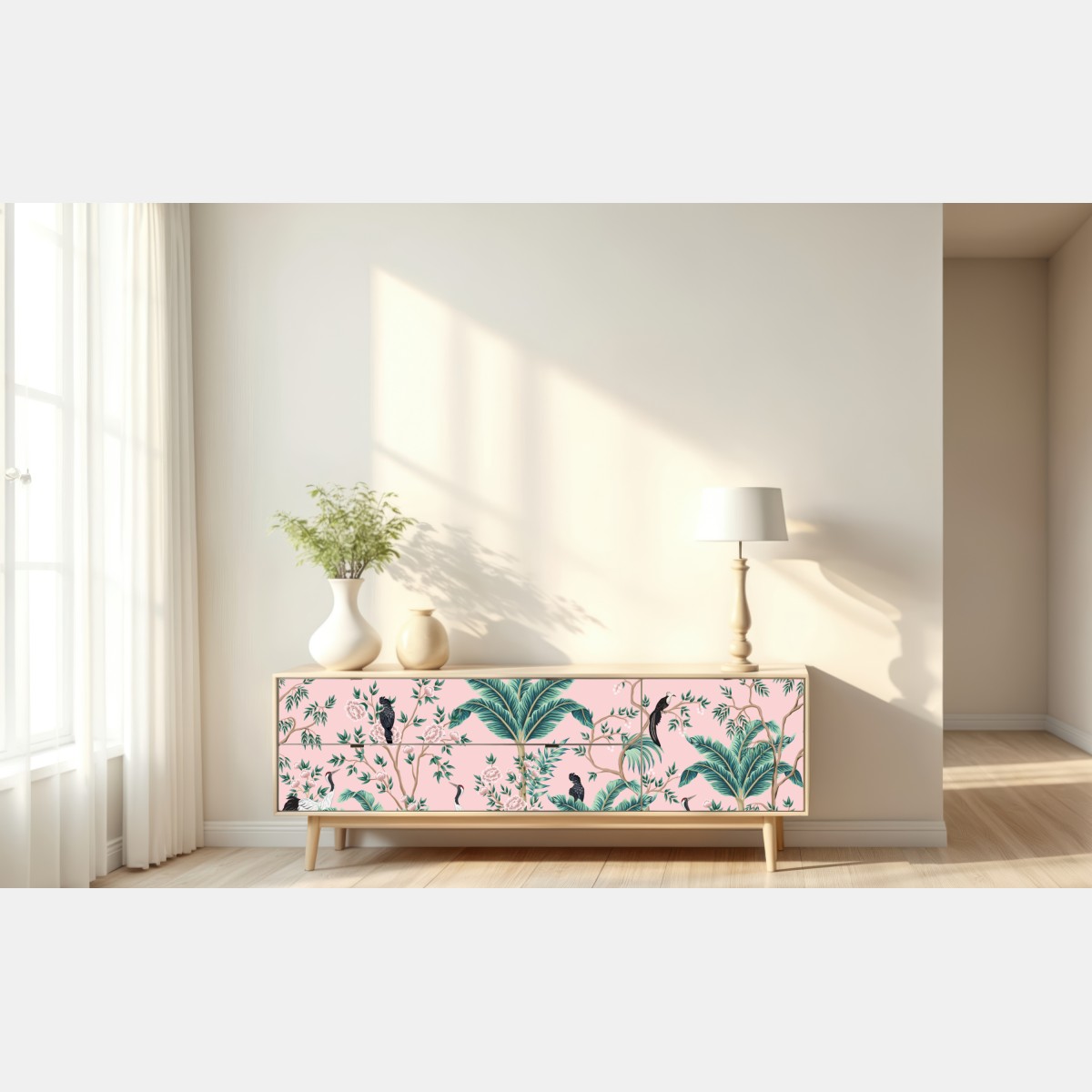 Repositionierbarer Aufkleber pastell tropisches botanisches muster mit kranichen – Wallnifity® Repositionierbarer Aufkleber pastell tropisches botanisches muster mit kranichen – Wallnifity®