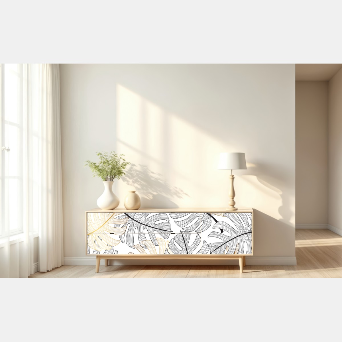 Repositionierbarer Aufkleber monstera-blattmuster mit goldakzenten – Wallnifity® Repositionierbarer Aufkleber monstera-blattmuster mit goldakzenten – Wallnifity®