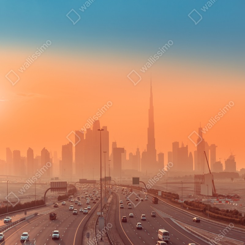 Repositionierbarer Aufkleber Dubai skyline bei sonnenaufgang – Wallnifity® Repositionierbarer Aufkleber Dubai skyline bei sonnenaufgang – Wallnifity®