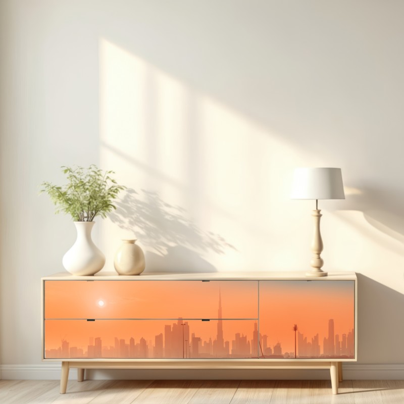 Repositionierbarer Aufkleber Dubai skyline bei sonnenaufgang – Wallnifity® Repositionierbarer Aufkleber Dubai skyline bei sonnenaufgang – Wallnifity®