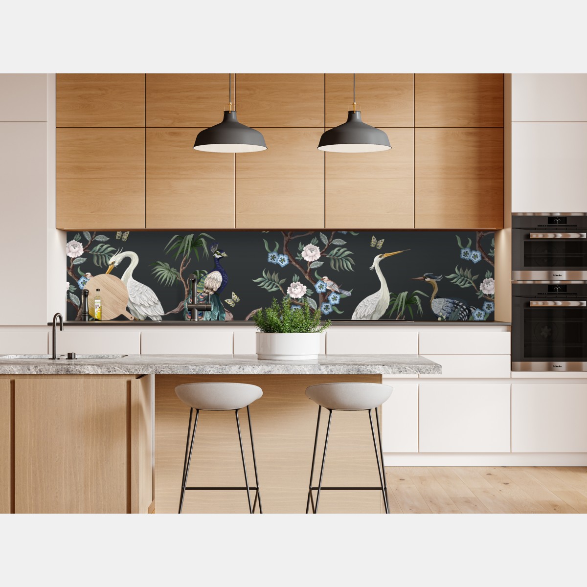 Repositionierbarer Aufkleber pfau und reiher im blumenmuster – Wallnifity® Repositionierbarer Aufkleber pfau und reiher im blumenmuster – Wallnifity®