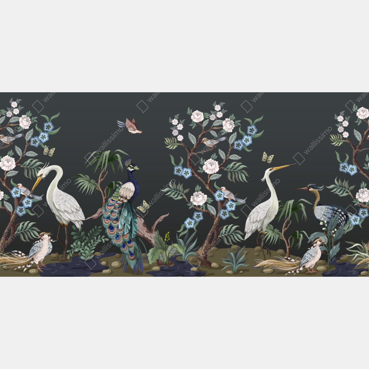 Repositionierbarer Aufkleber pfau und reiher im blumenmuster – Wallnifity® Repositionierbarer Aufkleber pfau und reiher im blumenmuster – Wallnifity®
