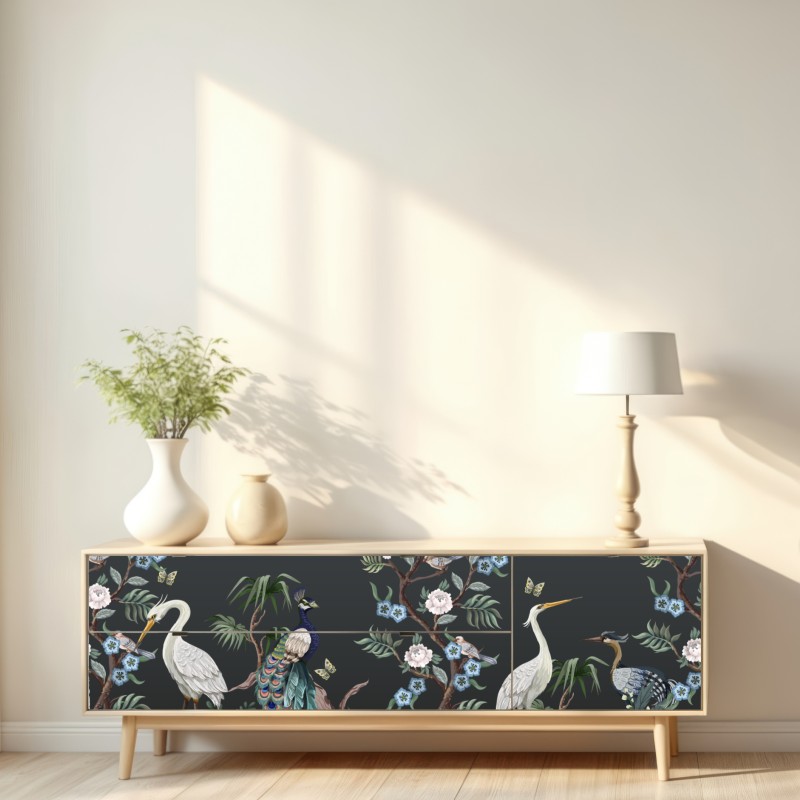 Repositionierbarer Aufkleber pfau und reiher im blumenmuster – Wallnifity® Repositionierbarer Aufkleber pfau und reiher im blumenmuster – Wallnifity®
