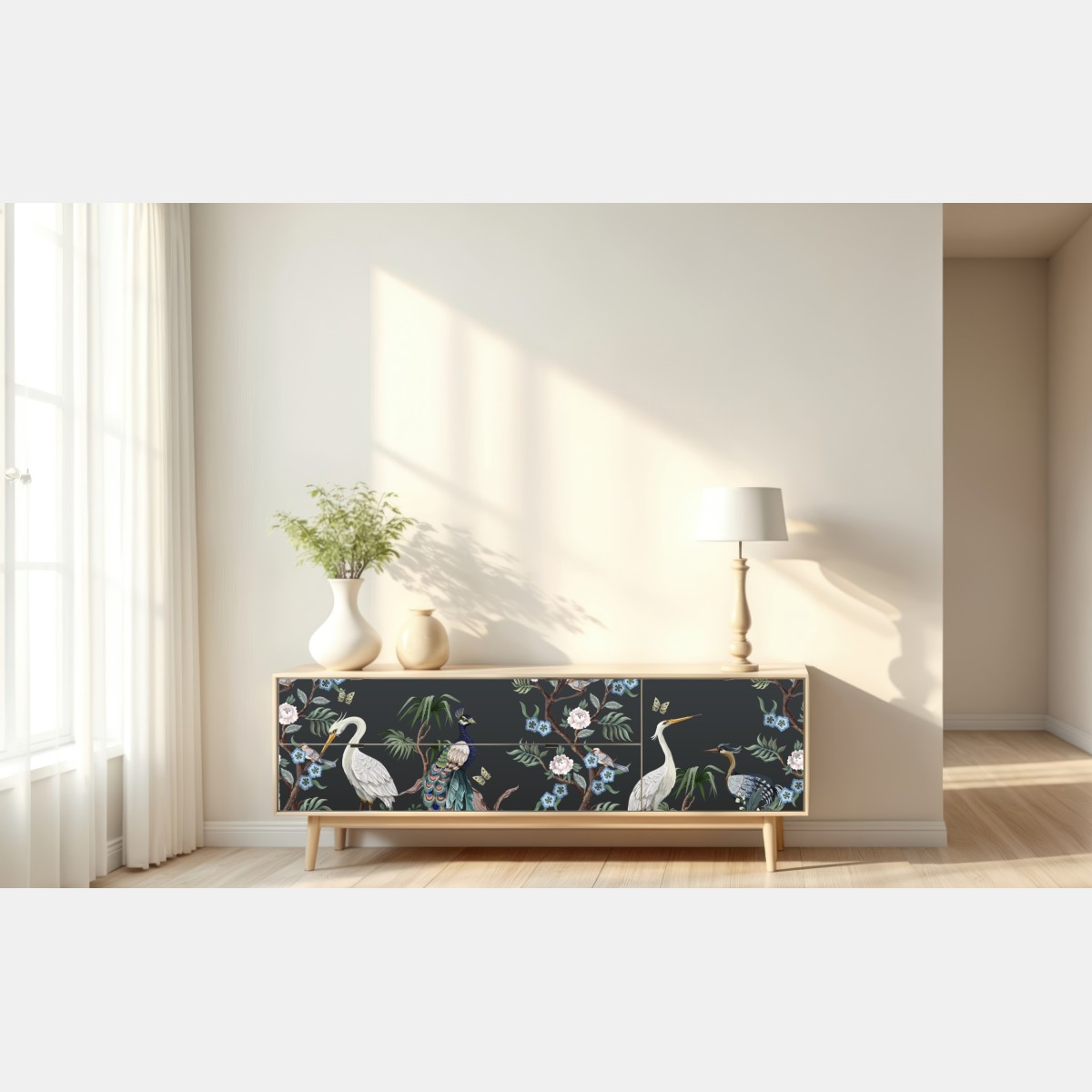 Repositionierbarer Aufkleber pfau und reiher im blumenmuster – Wallnifity® Repositionierbarer Aufkleber pfau und reiher im blumenmuster – Wallnifity®