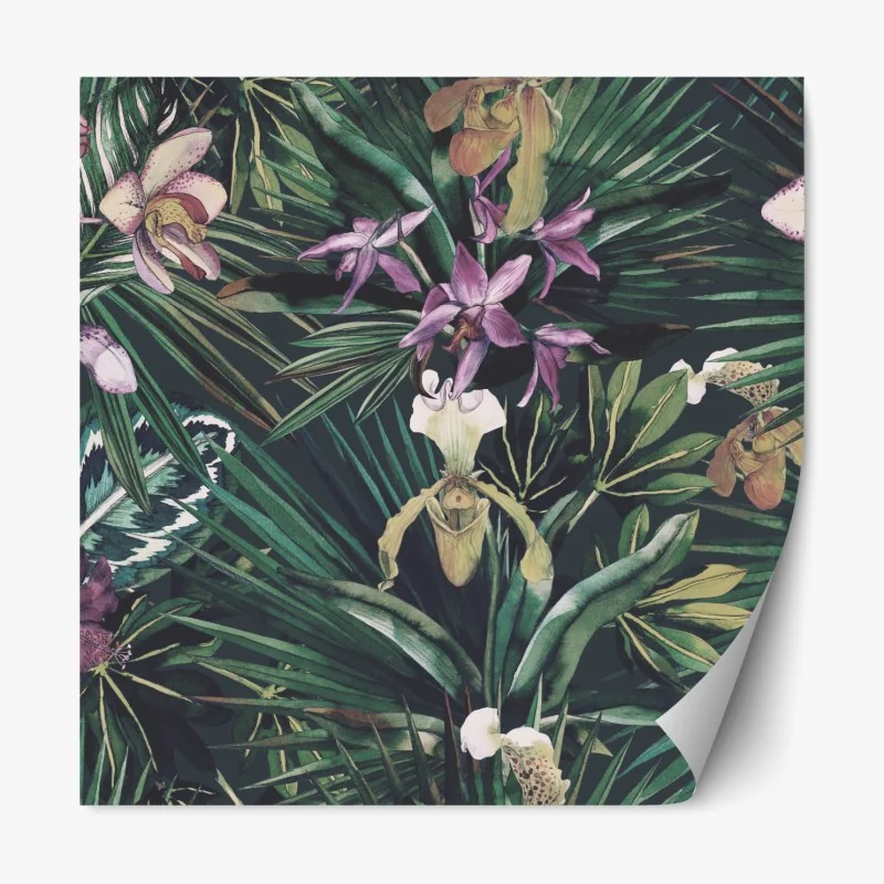Repositionierbarer Aufkleber tropische orchideen in aquarell und palmblättern – Wallnifity® Repositionierbarer Aufkleber tropische orchideen in aquarell und palmblättern – Wallnifity®