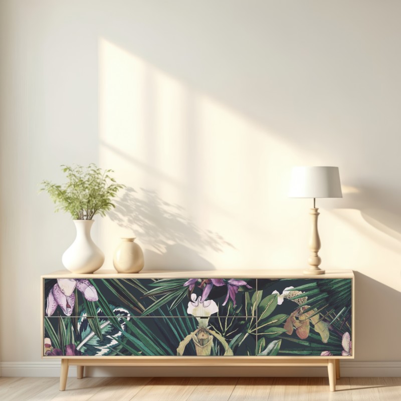 Repositionierbarer Aufkleber tropische orchideen in aquarell und palmblättern – Wallnifity® Repositionierbarer Aufkleber tropische orchideen in aquarell und palmblättern – Wallnifity®