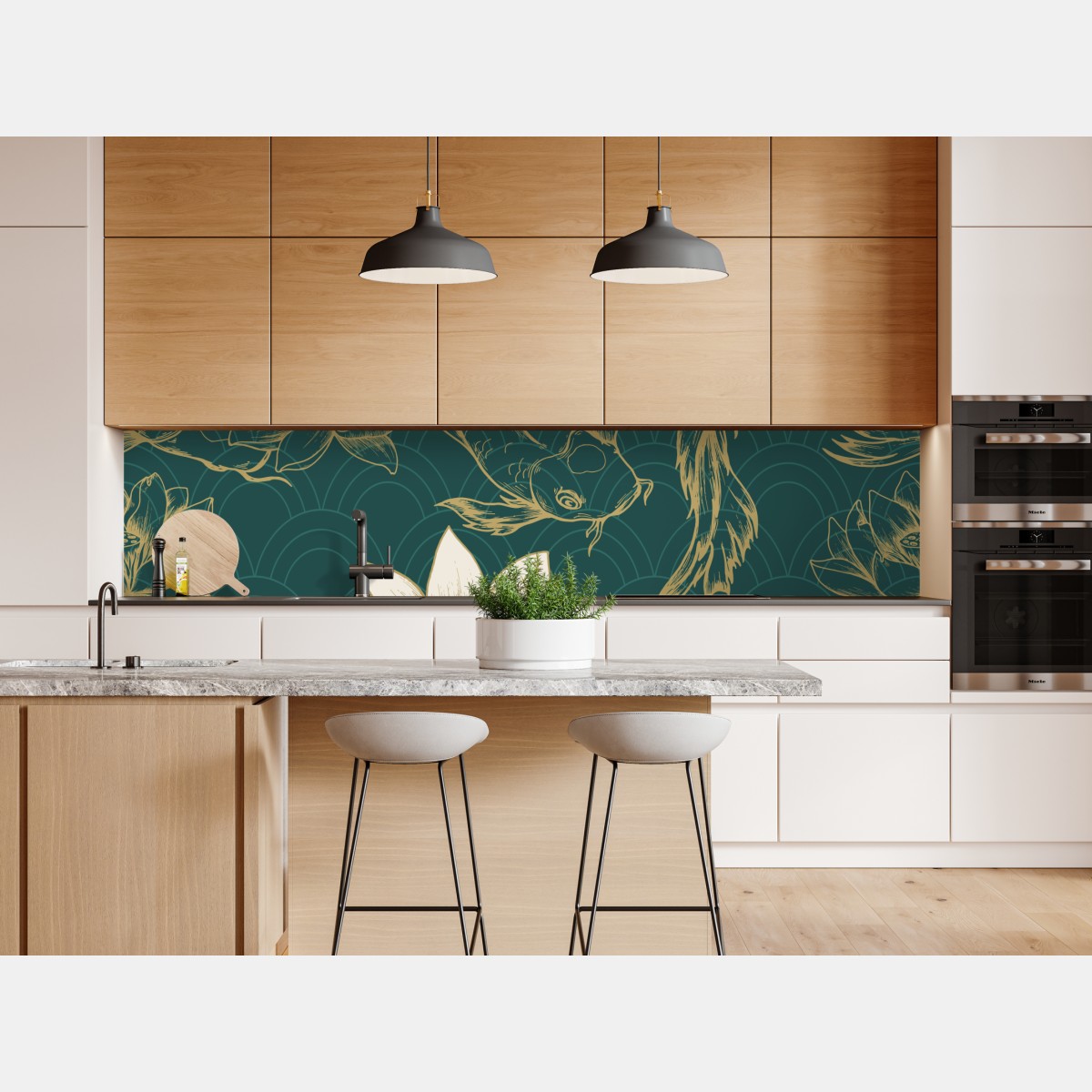 Repositionierbarer Aufkleber orientalisches koi- und lotosmuster in türkis und gold – Wallnifity® Repositionierbarer Aufkleber orientalisches koi- und lotosmuster in türkis und gold – Wallnifity®