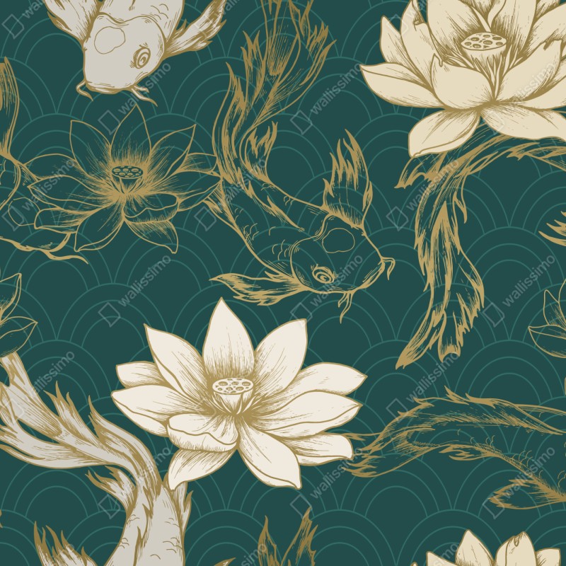 Repositionierbarer Aufkleber orientalisches koi- und lotosmuster in türkis und gold – Wallnifity® Repositionierbarer Aufkleber orientalisches koi- und lotosmuster in türkis und gold – Wallnifity®