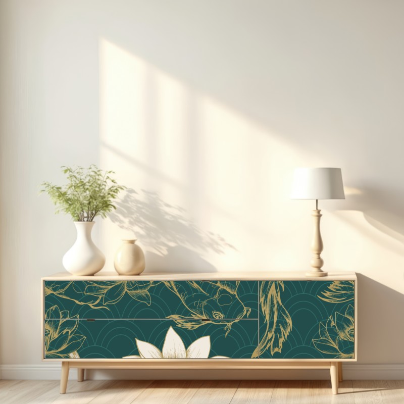 Repositionierbarer Aufkleber orientalisches koi- und lotosmuster in türkis und gold – Wallnifity® Repositionierbarer Aufkleber orientalisches koi- und lotosmuster in türkis und gold – Wallnifity®