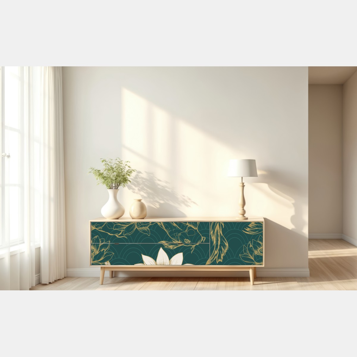 Repositionierbarer Aufkleber orientalisches koi- und lotosmuster in türkis und gold – Wallnifity® Repositionierbarer Aufkleber orientalisches koi- und lotosmuster in türkis und gold – Wallnifity®