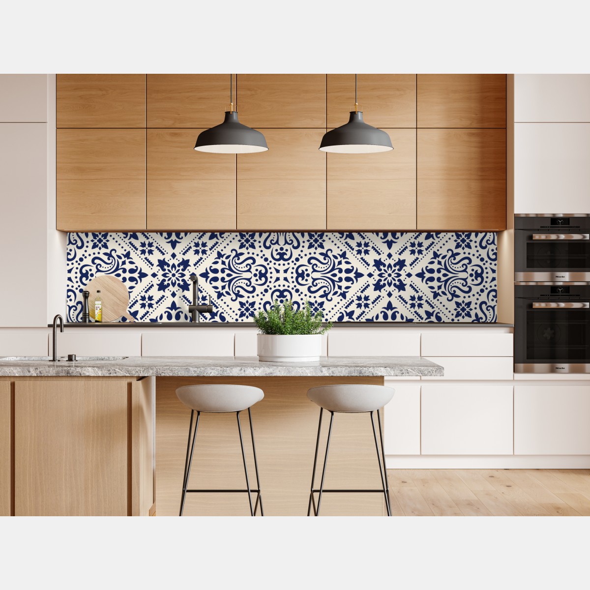 Repositionierbarer Aufkleber marineblaues damast-fliesenmuster – Wallnifity® Repositionierbarer Aufkleber marineblaues damast-fliesenmuster – Wallnifity®