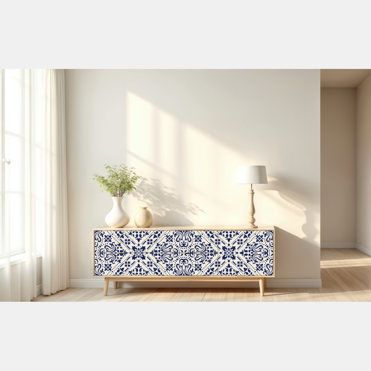 Repositionierbarer Aufkleber marineblaues damast-fliesenmuster – Wallnifity® Repositionierbarer Aufkleber marineblaues damast-fliesenmuster – Wallnifity®
