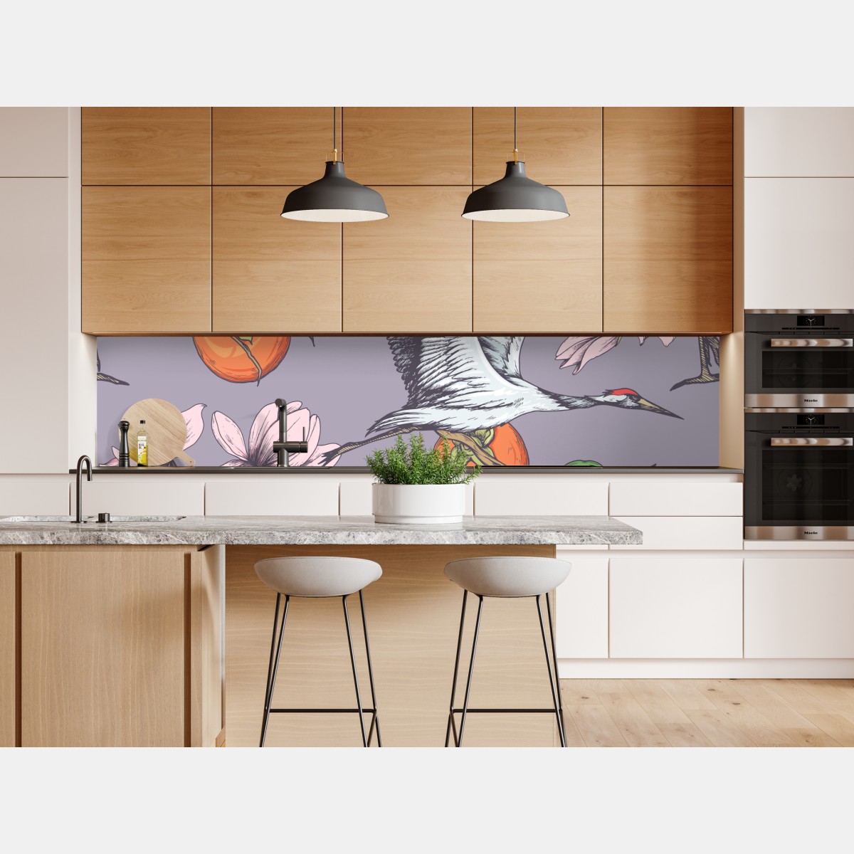 Repositionierbarer Aufkleber anmutige kraniche und kakis mit magnolien – Wallnifity® Repositionierbarer Aufkleber anmutige kraniche und kakis mit magnolien – Wallnifity®