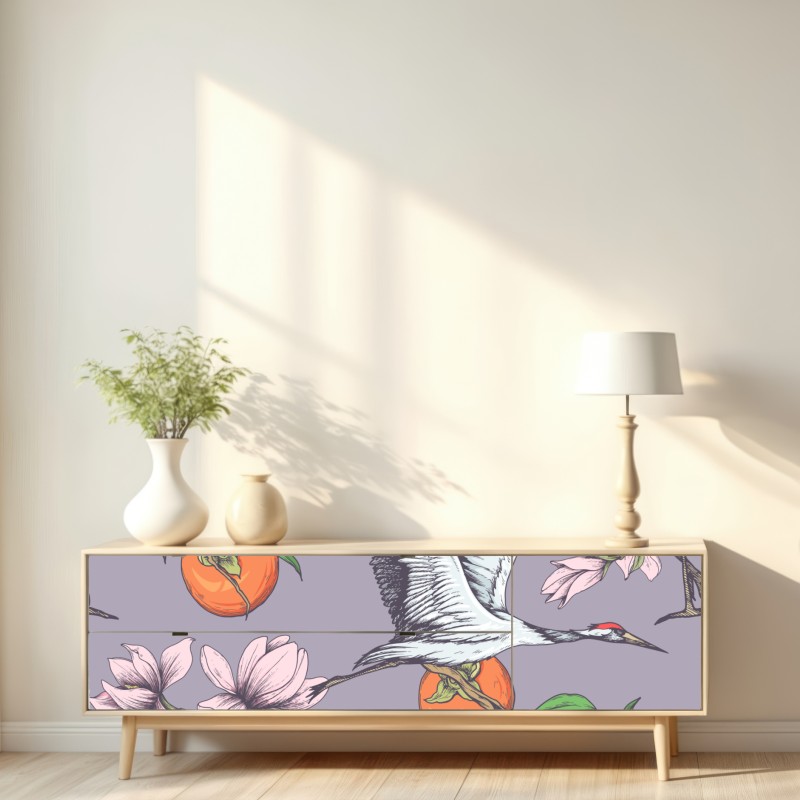 Repositionierbarer Aufkleber anmutige kraniche und kakis mit magnolien – Wallnifity® Repositionierbarer Aufkleber anmutige kraniche und kakis mit magnolien – Wallnifity®