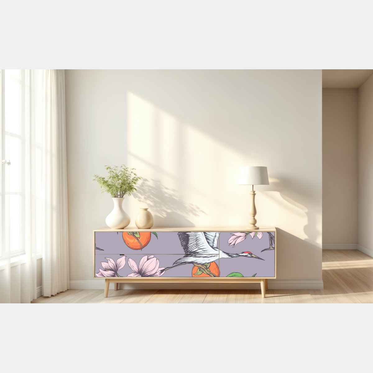 Repositionierbarer Aufkleber anmutige kraniche und kakis mit magnolien – Wallnifity® Repositionierbarer Aufkleber anmutige kraniche und kakis mit magnolien – Wallnifity®