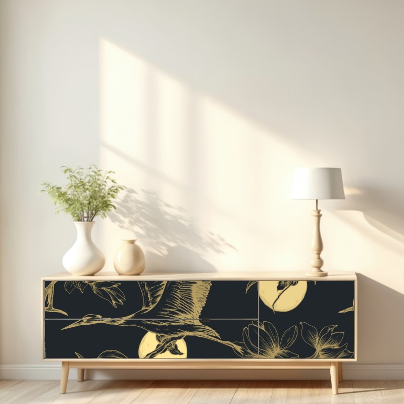 Repositionierbarer Aufkleber goldene kraniche und mondmuster – Wallnifity® Repositionierbarer Aufkleber goldene kraniche und mondmuster – Wallnifity®