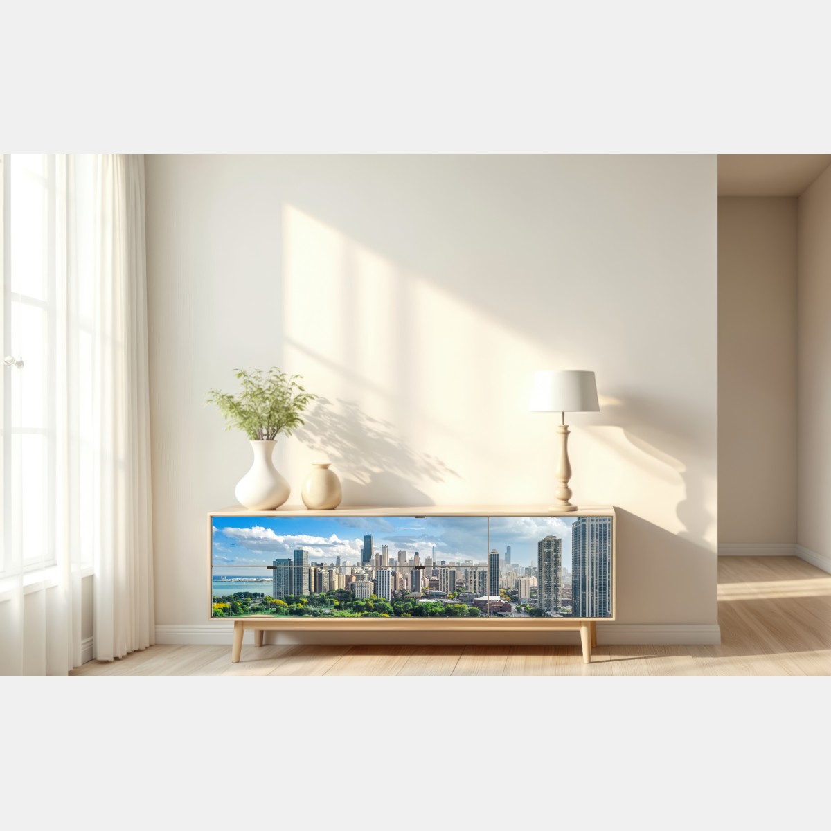 Repositionierbarer Aufkleber stadtpanorama über grünem park – Wallnifity® Repositionierbarer Aufkleber stadtpanorama über grünem park – Wallnifity®